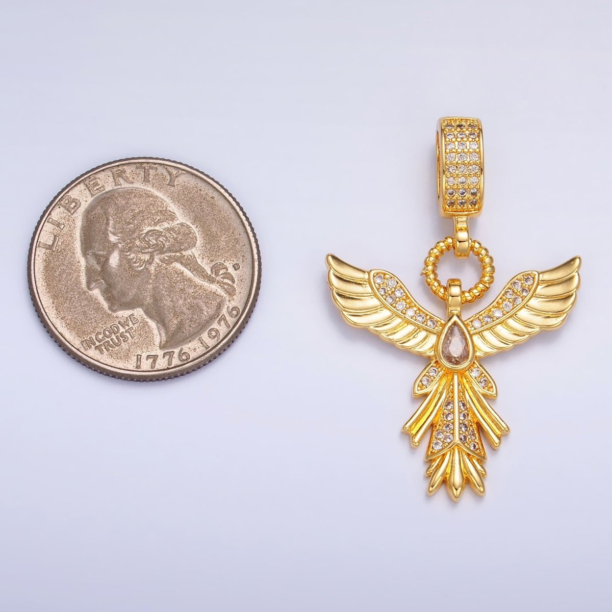 24K Gold-Filled 27.3mm Micro Pave CZ Angel Feather Drop Bail Pendant