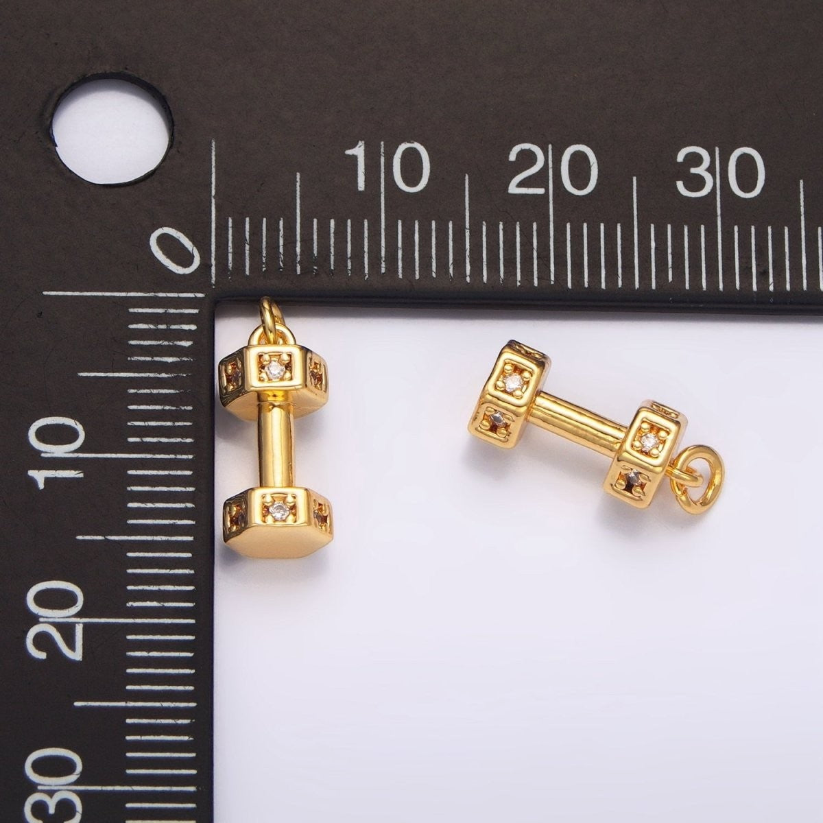 24K Gold Filled Micro Paved CZ Barbell Dumbbell Sports Multidimensional Charm