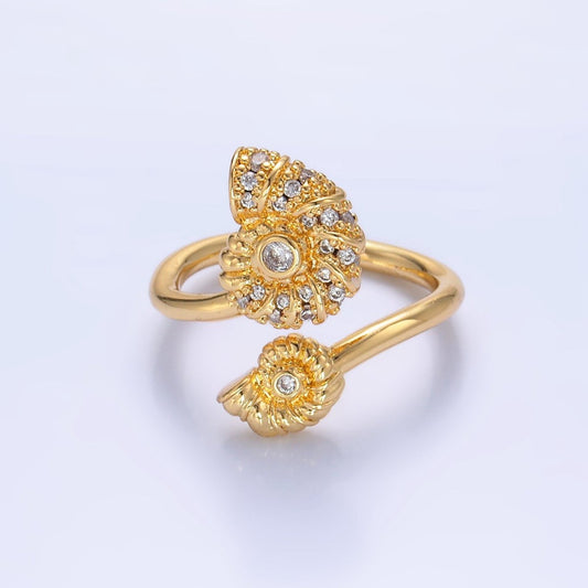 Beautiful 24K Gold Filled Micro Paved CZ Nautical Ocean Inspired Clam Shell Pearl Wrap Ring