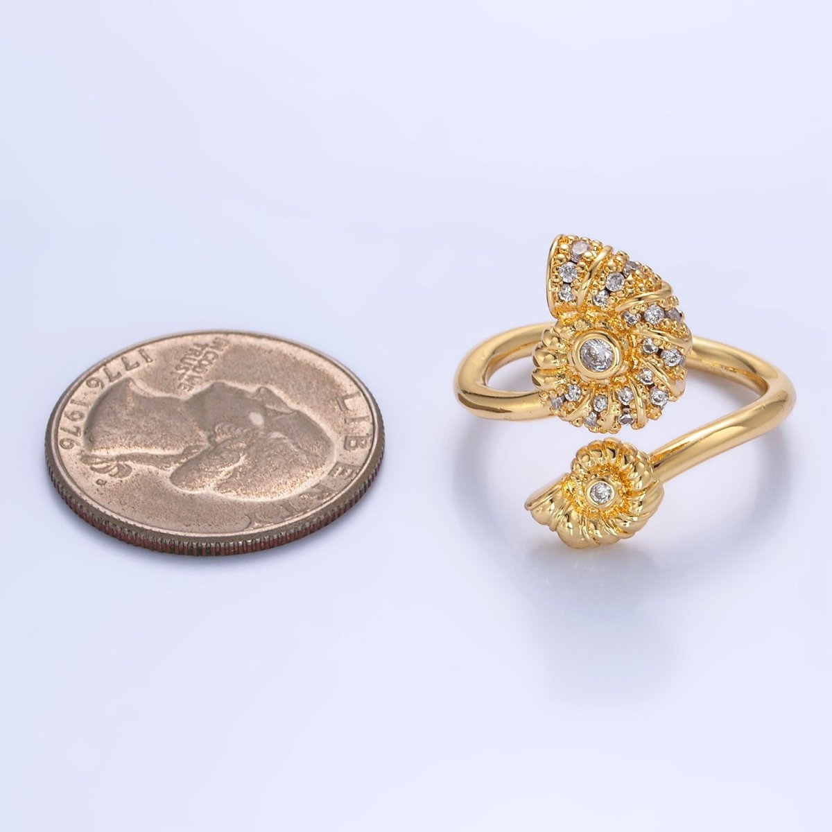 Beautiful 24K Gold Filled Micro Paved CZ Nautical Ocean Inspired Clam Shell Pearl Wrap Ring