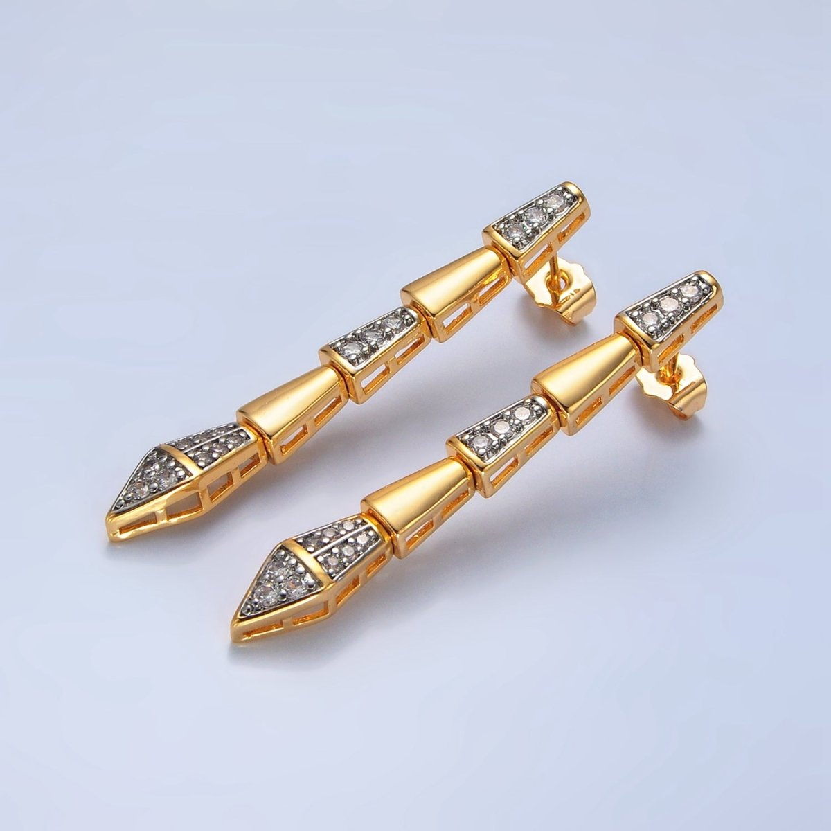 Edgy 24K Gold Filled Micro Pave CZ Geometric Edged Linear Drop Stud Earrings