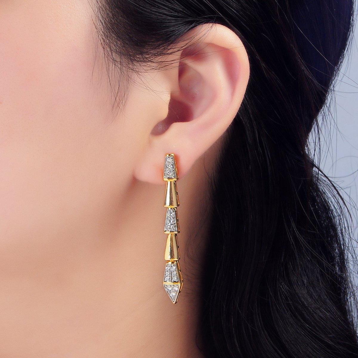 Edgy 24K Gold Filled Micro Pave CZ Geometric Edged Linear Drop Stud Earrings