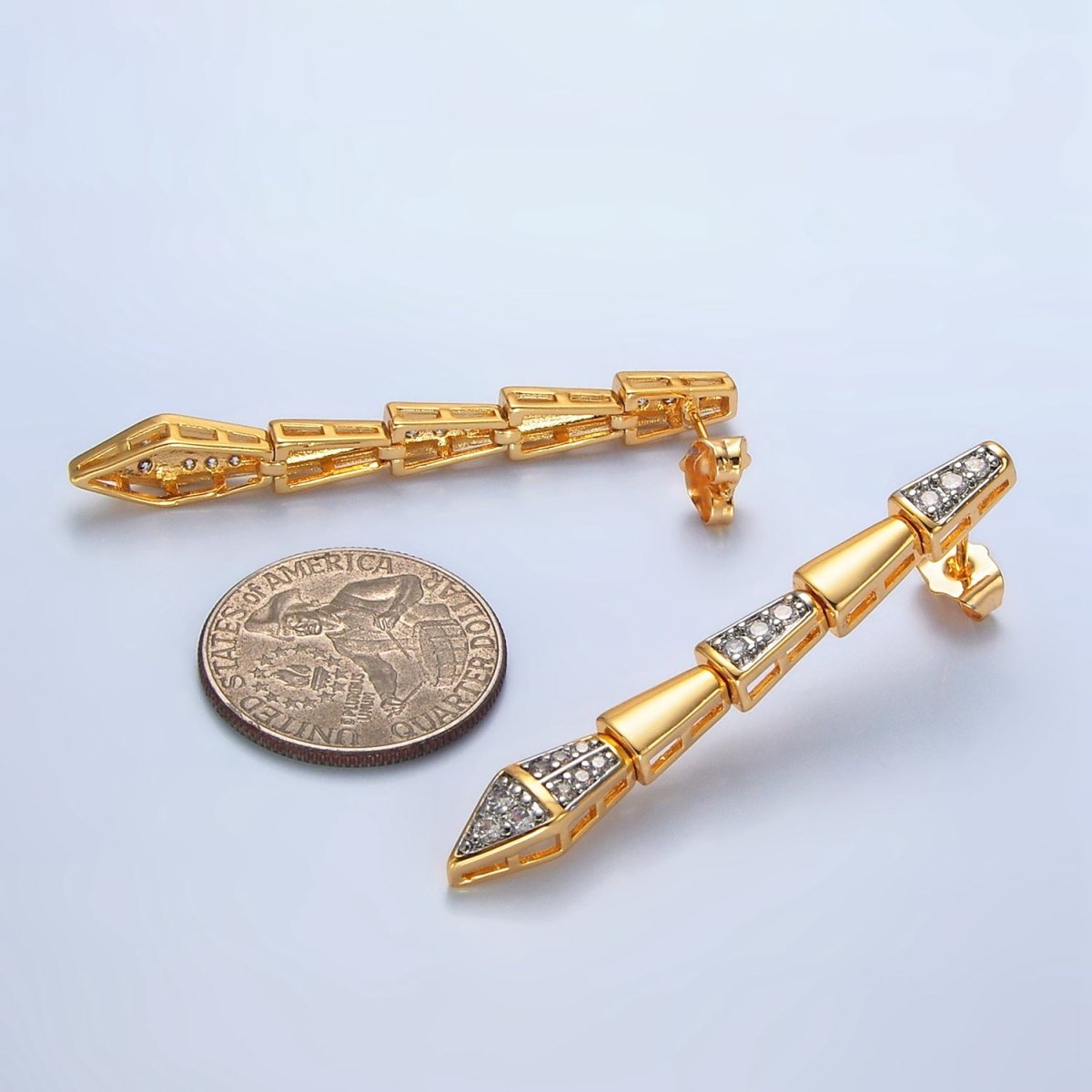 Edgy 24K Gold Filled Micro Pave CZ Geometric Edged Linear Drop Stud Earrings