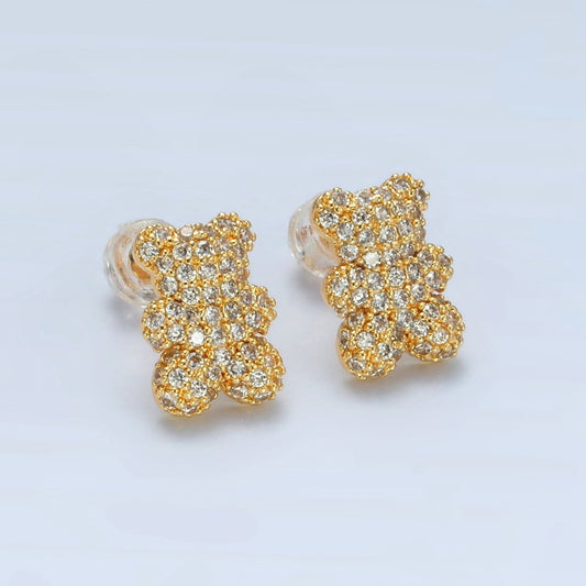 24K Gold Filled Micro Paved CZ Teddy Bear Stud Earrings