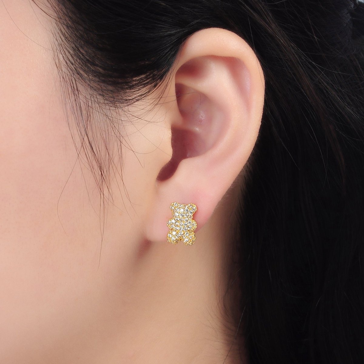 24K Gold Filled Micro Paved CZ Teddy Bear Stud Earrings
