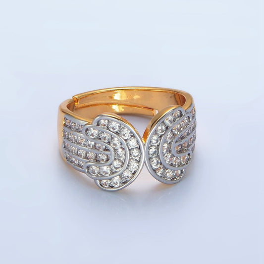 Gorgeous 24K Gold-Filled Micro Pave CZ Multiple Lined Wide Band Mixed Metal Ring