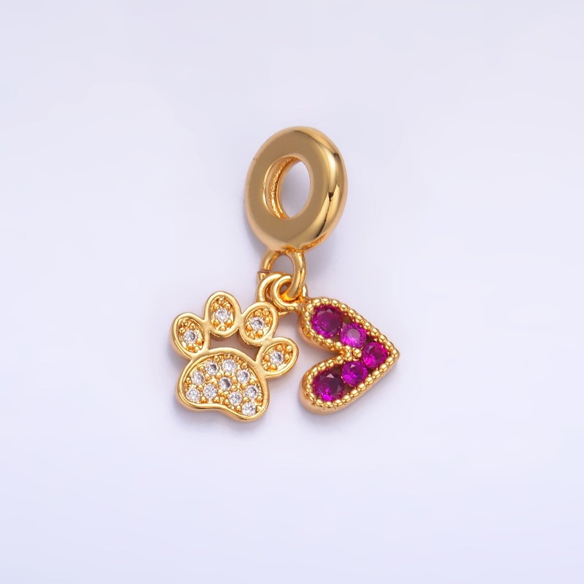 24K Gold-Filled Micro Pave CZ Pink Heart Clear Pawprint Rondelle Drop Pendant