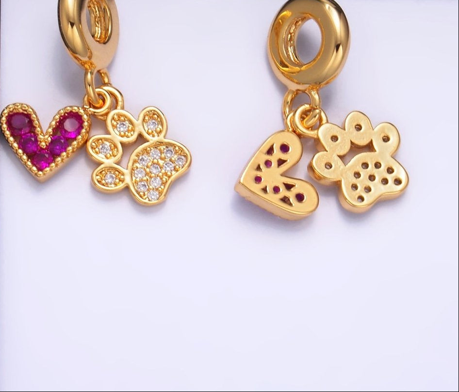 24K Gold-Filled Micro Pave CZ Pink Heart Clear Pawprint Rondelle Drop Pendant