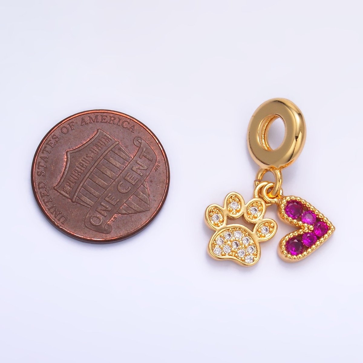 24K Gold-Filled Micro Pave CZ Pink Heart Clear Pawprint Rondelle Drop Pendant