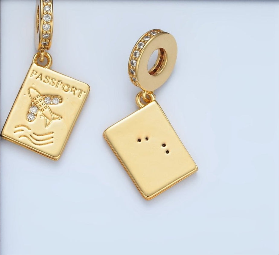 24K Gold Filled 15mm Micro Pave CZ Travel Passport Rondelle Drop Pendant