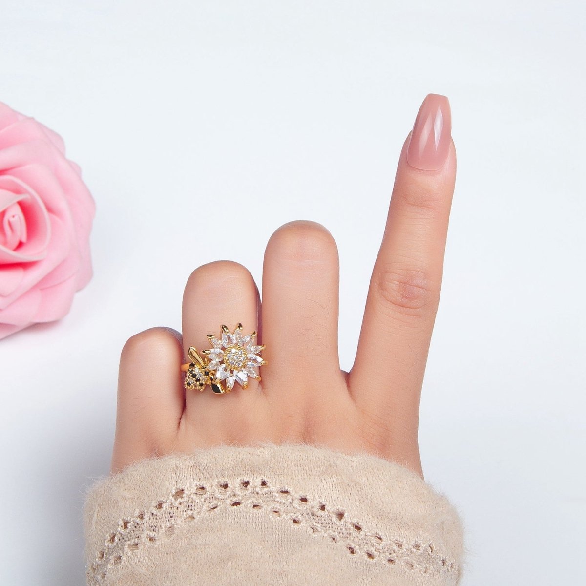 24K Gold Filled Micro Pave Marquise CZ Flower Bumble Bee Ring