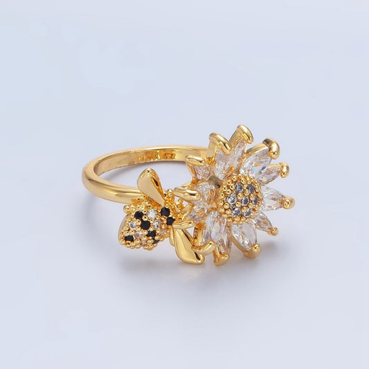 24K Gold Filled Micro Pave Marquise CZ Flower Bumble Bee Ring