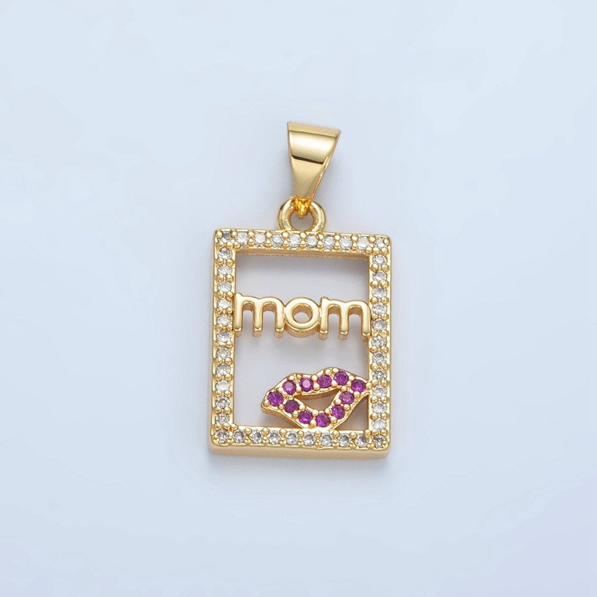 24K Gold-Filled 18mm "MOM" Script Lips Open Rectangular Micro Pave Pendant