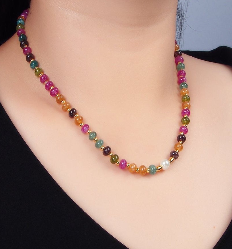 Beautiful 24K Gold Filled Multicolor Agate Shell Pearl Bead 16 Inch Necklace
