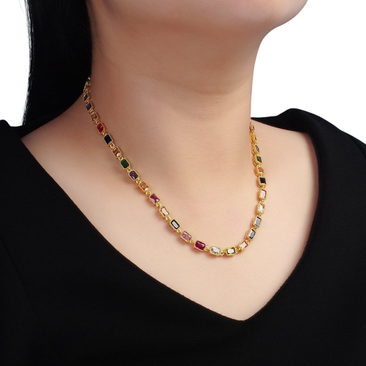 24K Gold Filled Multicolor CZ Baguette 15.5 Inch Necklace