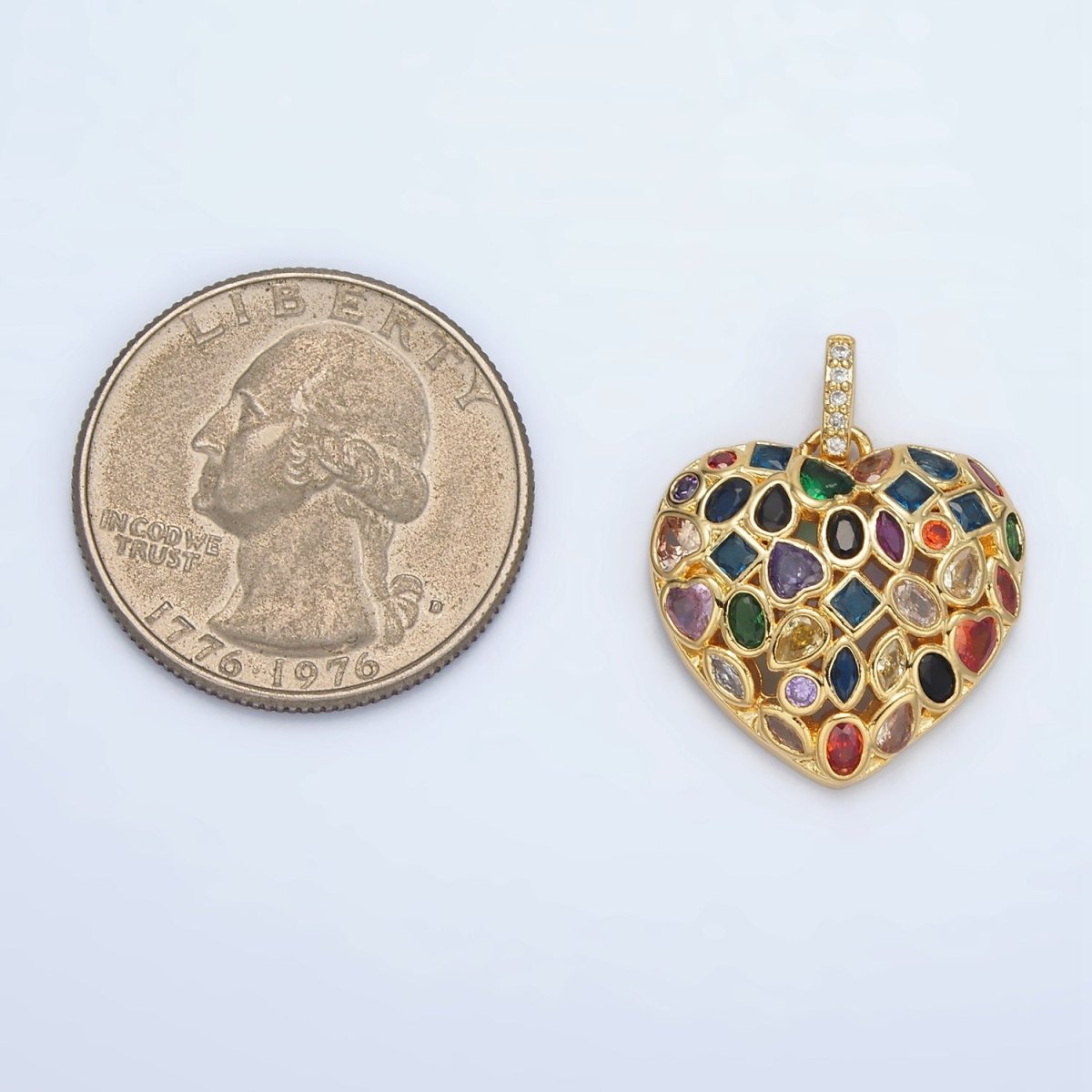 Gold Filled 20mm Multicolor CZ Geometric Heart Micro Pave CZ Slide-On Bail Pendant