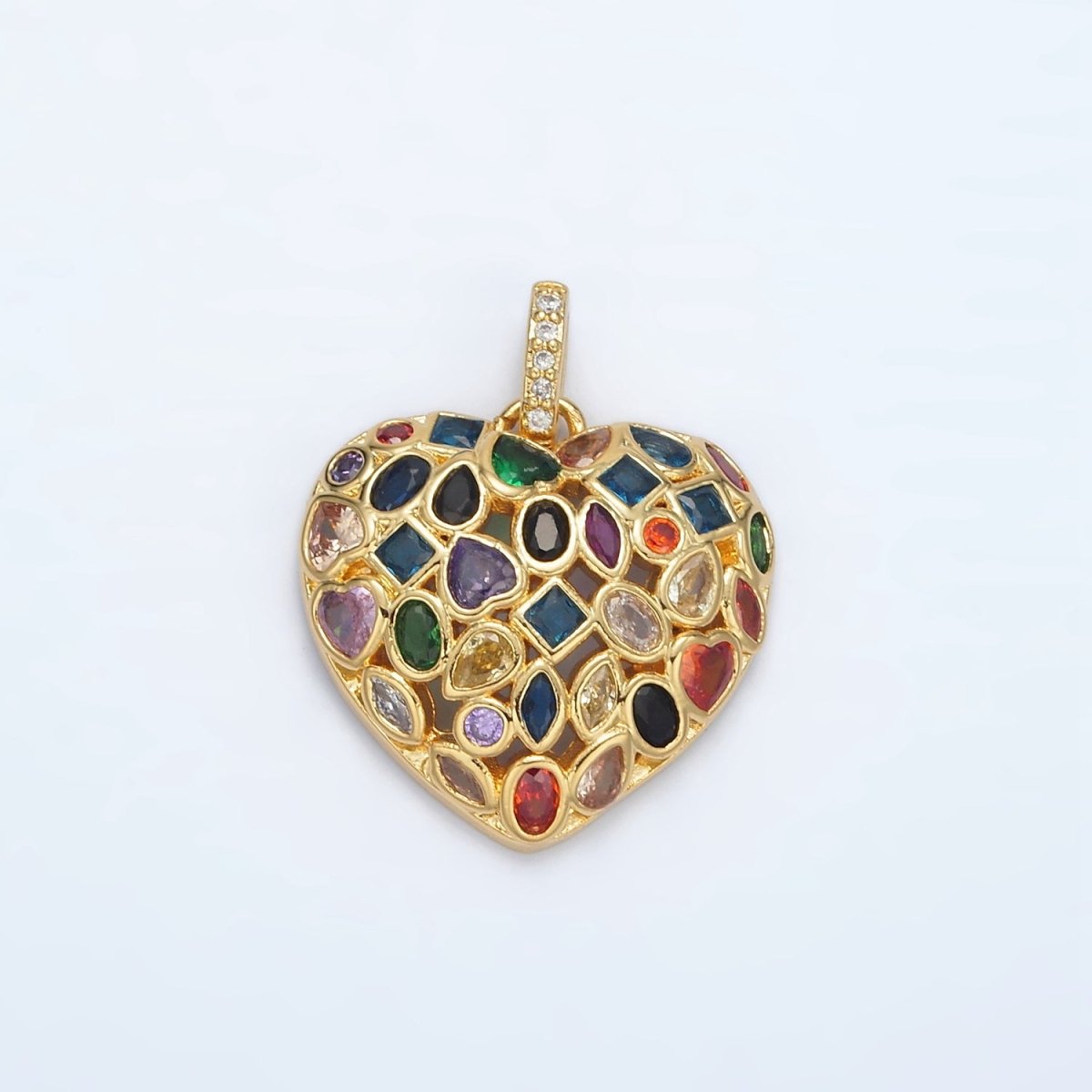 Gold Filled 20mm Multicolor CZ Geometric Heart Micro Pave CZ Slide-On Bail Pendant