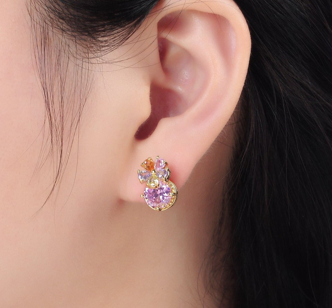Sweet 24K Gold Filled Multicolor Flower Petal Pink CZ Stud Earrings