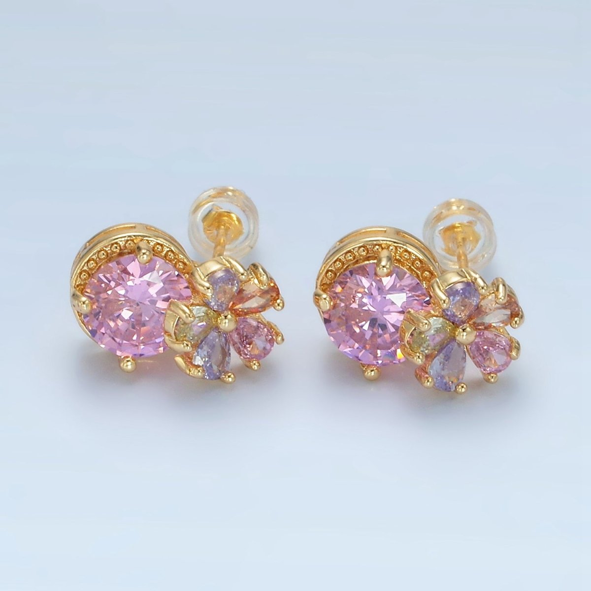 Sweet 24K Gold Filled Multicolor Flower Petal Pink CZ Stud Earrings