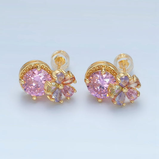 Sweet 24K Gold Filled Multicolor Flower Petal Pink CZ Stud Earrings