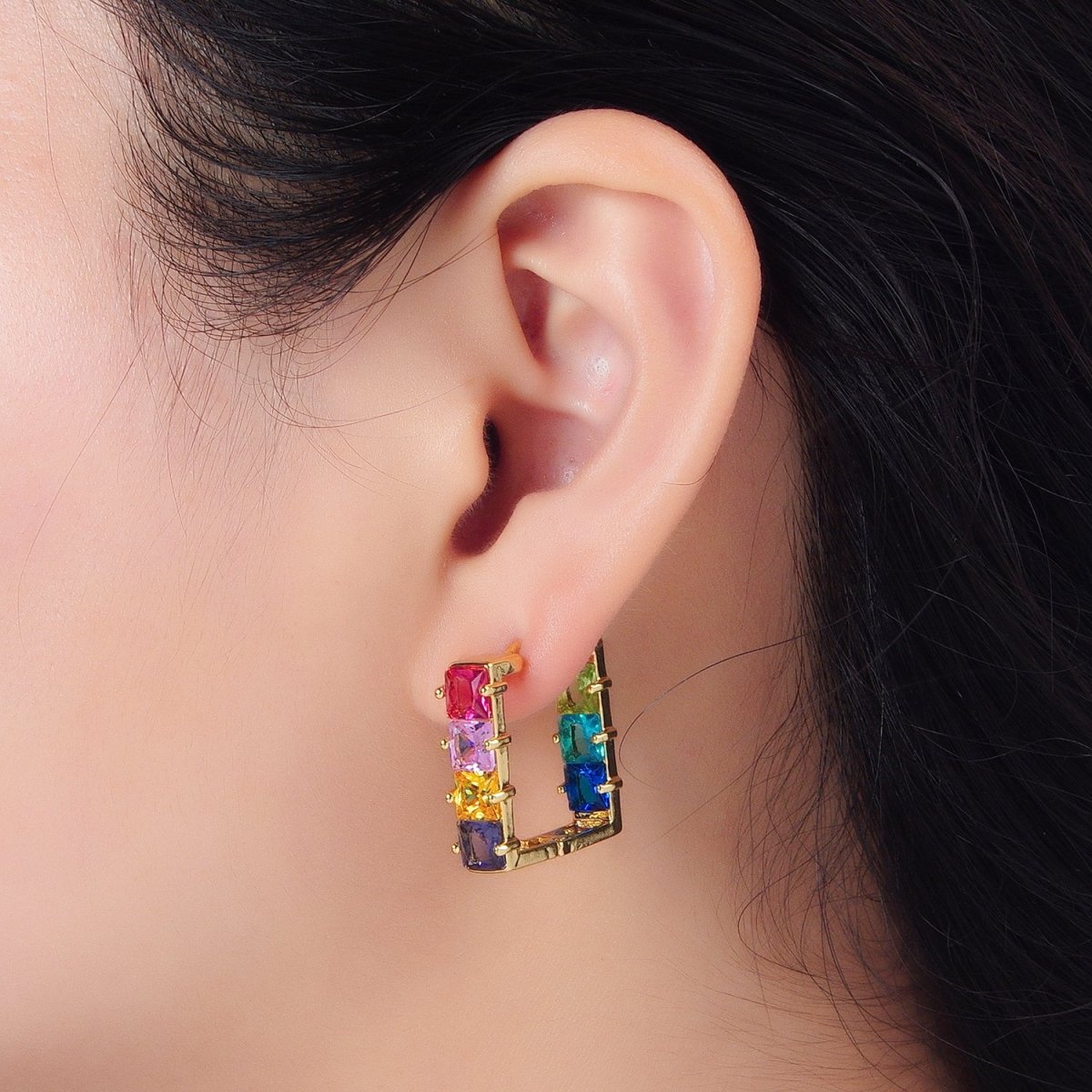 Beautiful 24K Gold Filled Multicolor Square CZ Front-Facing Square Huggie Earrings