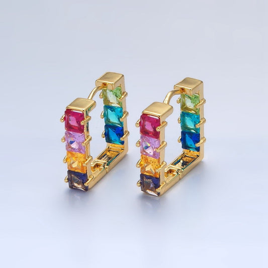 Beautiful 24K Gold Filled Multicolor Square CZ Front-Facing Square Huggie Earrings