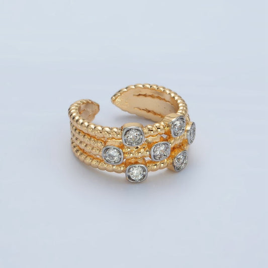 Unique 24K Gold-Filled Multiple CZ Croissant Band Mixed Metal Open Stackable Ring
