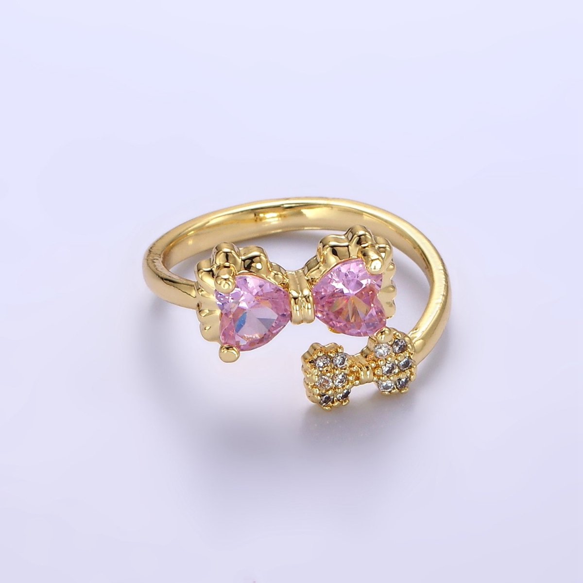 Sweet 24K Gold Filled Pink Bow Ring Micro Pave Clear or Pink CZ Ribbon Ring