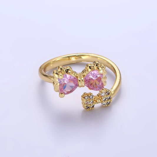 Sweet 24K Gold Filled Pink Bow Ring Micro Pave Clear or Pink CZ Ribbon Ring