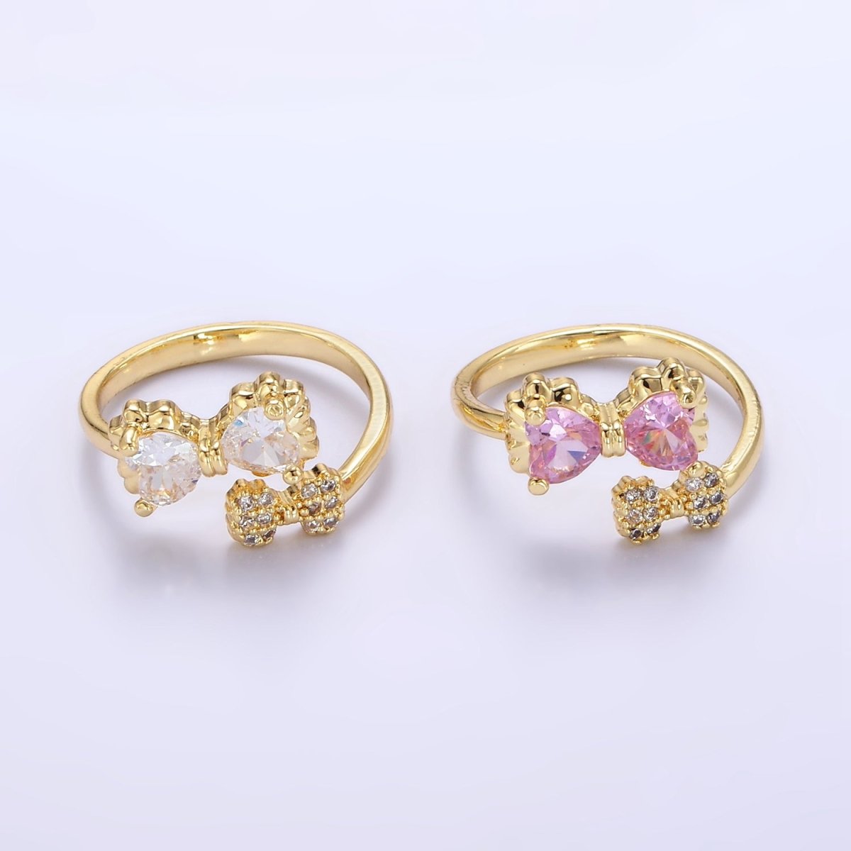 Sweet 24K Gold Filled Pink Bow Ring Micro Pave Clear or Pink CZ Ribbon Ring