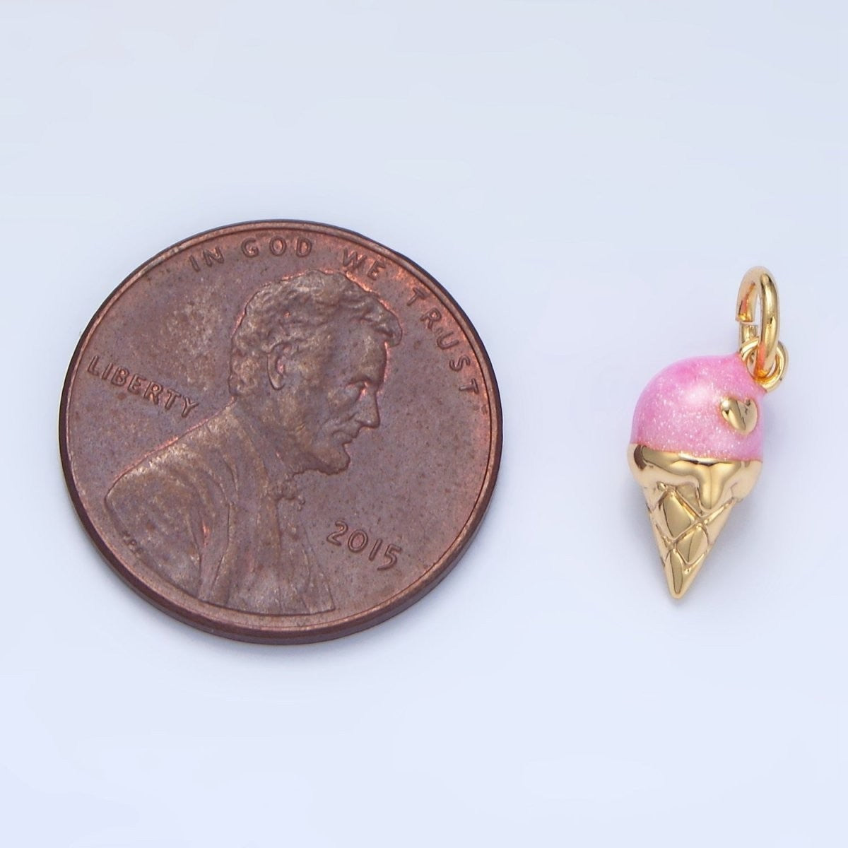 24K Gold Filled Pink Enamel Heart Melt Ice Cream Cone Desert Multidimensional Charm