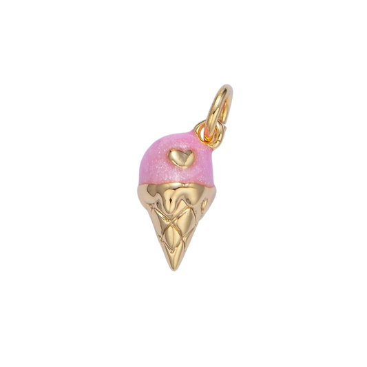 24K Gold Filled Pink Enamel Heart Melt Ice Cream Cone Desert Multidimensional Charm