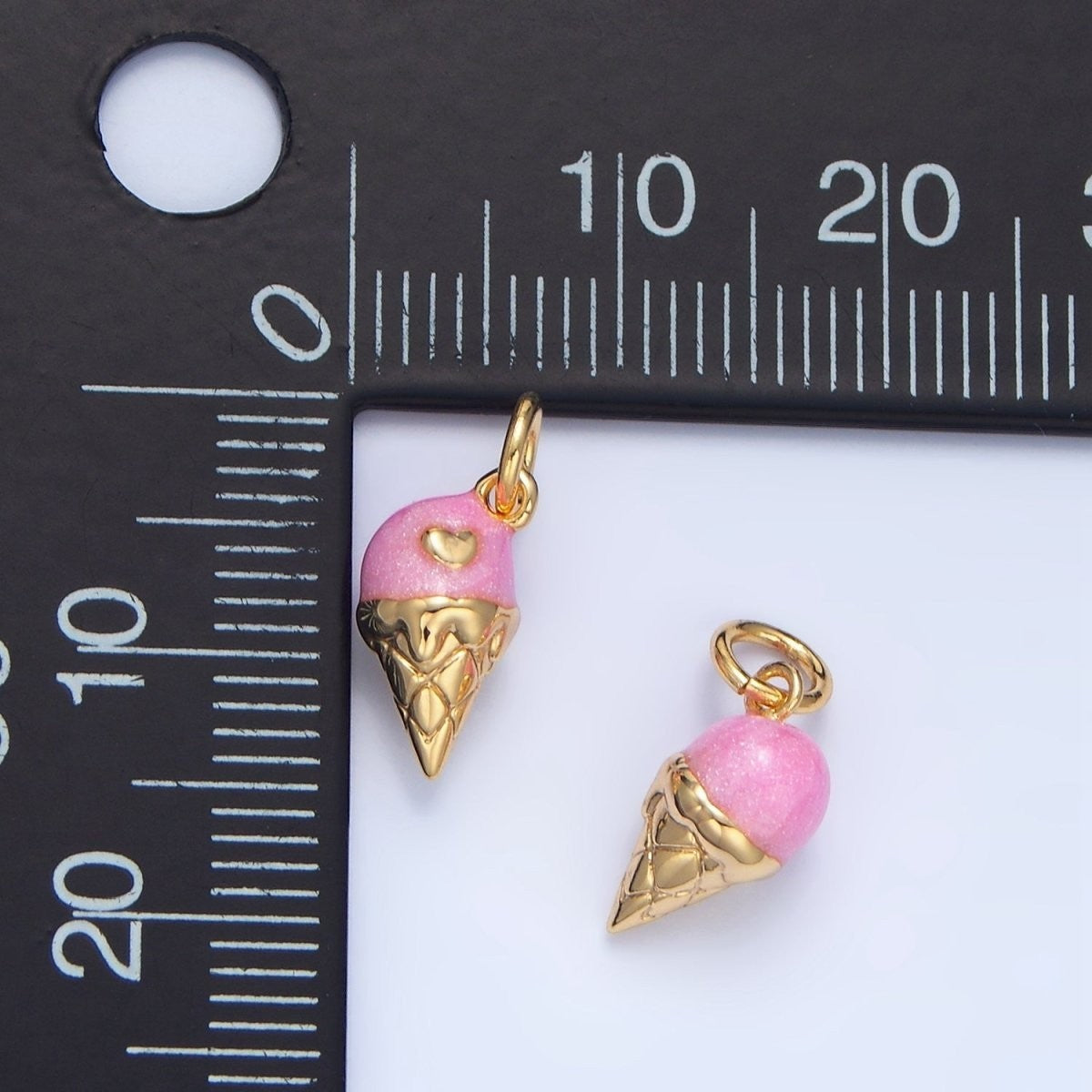 24K Gold Filled Pink Enamel Heart Melt Ice Cream Cone Desert Multidimensional Charm