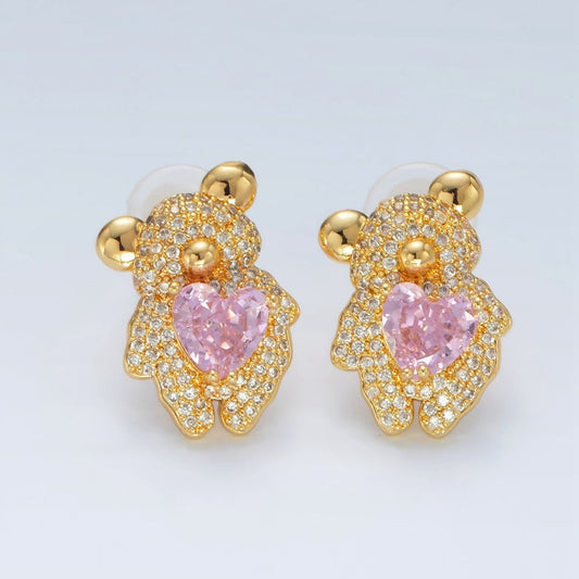 24K Gold Filled Pink Heart CZ Teddy Bear Micro Pave Stud Earrings