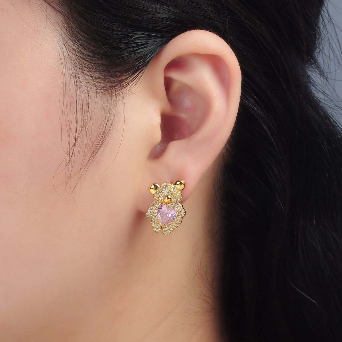 24K Gold Filled Pink Heart CZ Teddy Bear Micro Pave Stud Earrings