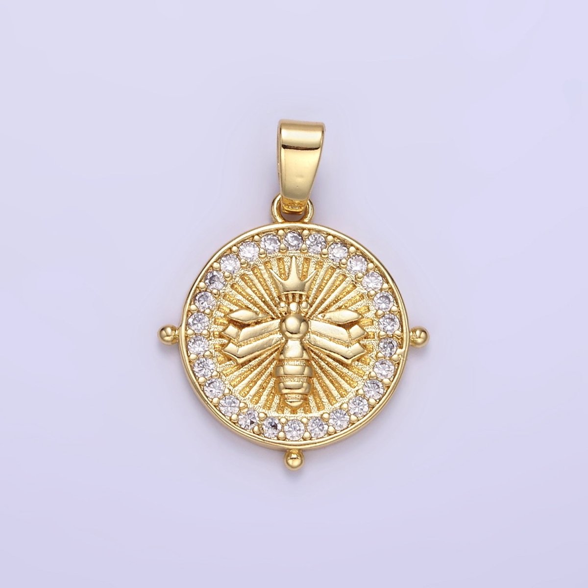 Beautiful 24K Gold-Filled 20mm Queen Bee Sunburst Micro Pave CZ Round Pendant