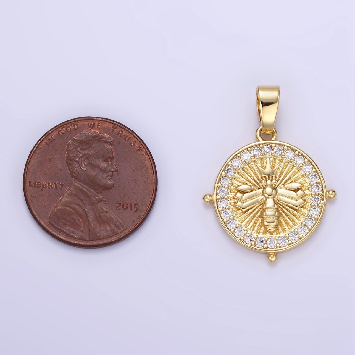 Beautiful 24K Gold-Filled 20mm Queen Bee Sunburst Micro Pave CZ Round Pendant