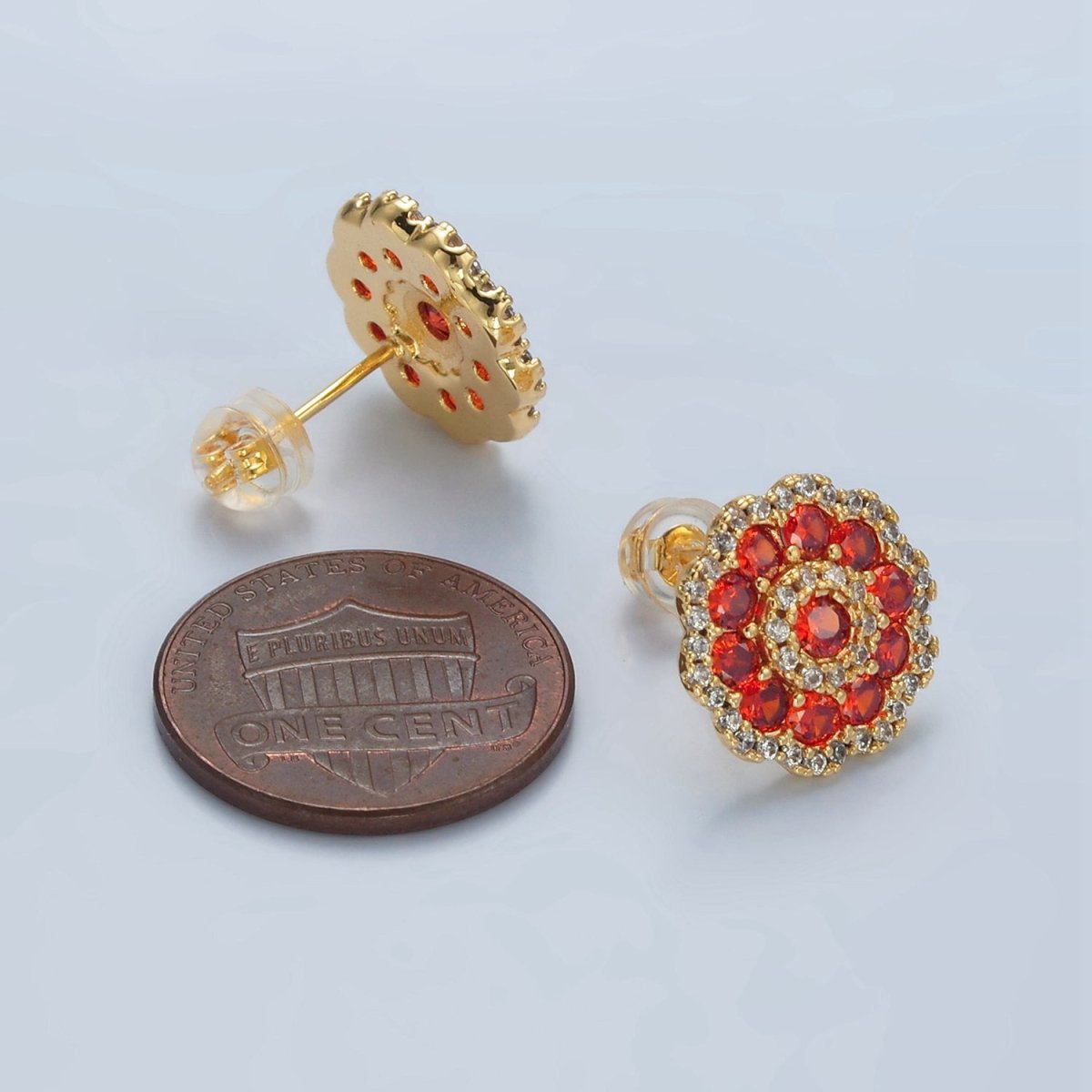 24k Gold Filled Red Flower Micro Paved CZ Stud Earrings