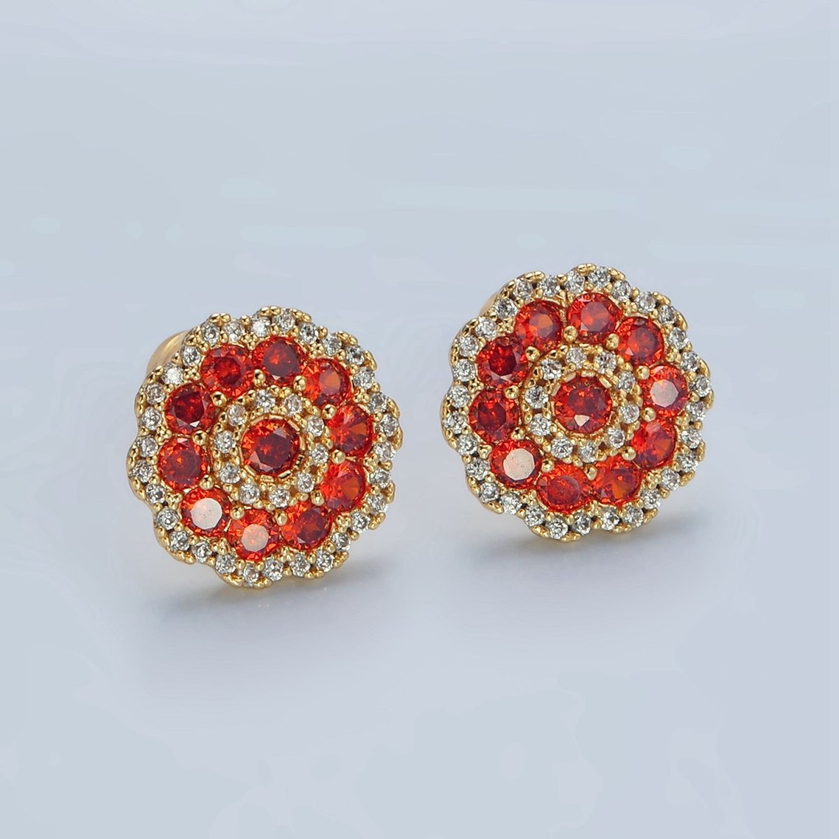 24k Gold Filled Red Flower Micro Paved CZ Stud Earrings