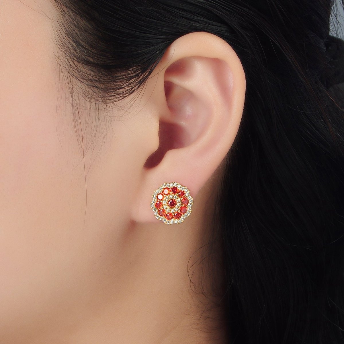 24k Gold Filled Red Flower Micro Paved CZ Stud Earrings