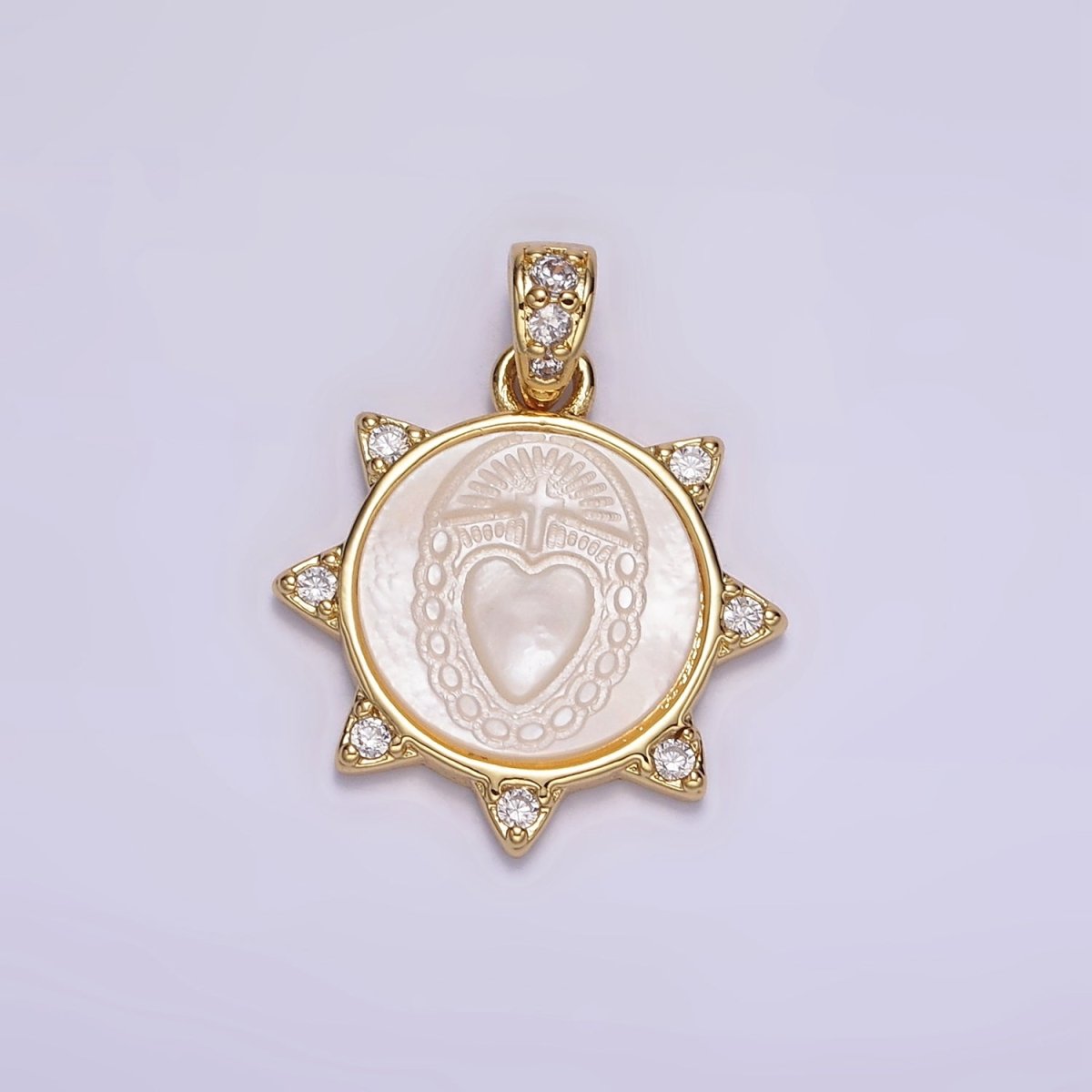 24K Gold-Filled 19mm Sacred Heart Celestial Sun CZ Shell Pearl Pendant