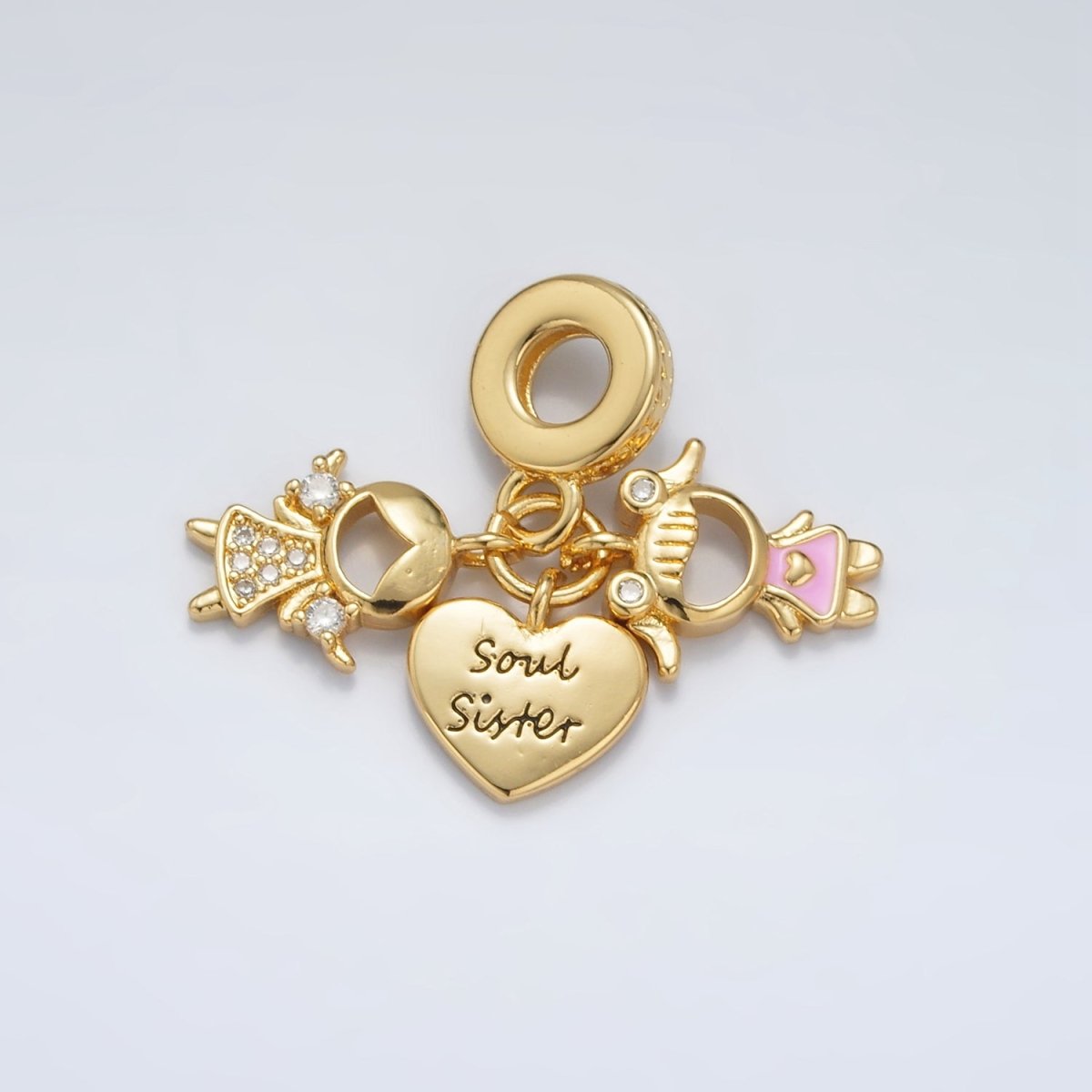 24K Gold-Filled 16mm Sisterhood "Soul Sister" Micro Pave Enamel Rondelle Bail Triple Drop Pendant