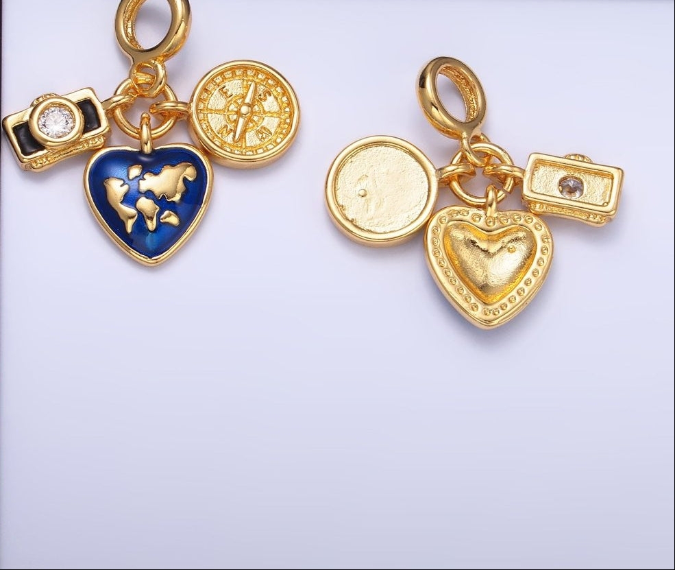 24K Gold-Filled Travel Compass World Camera Rondelle Drop Pendant