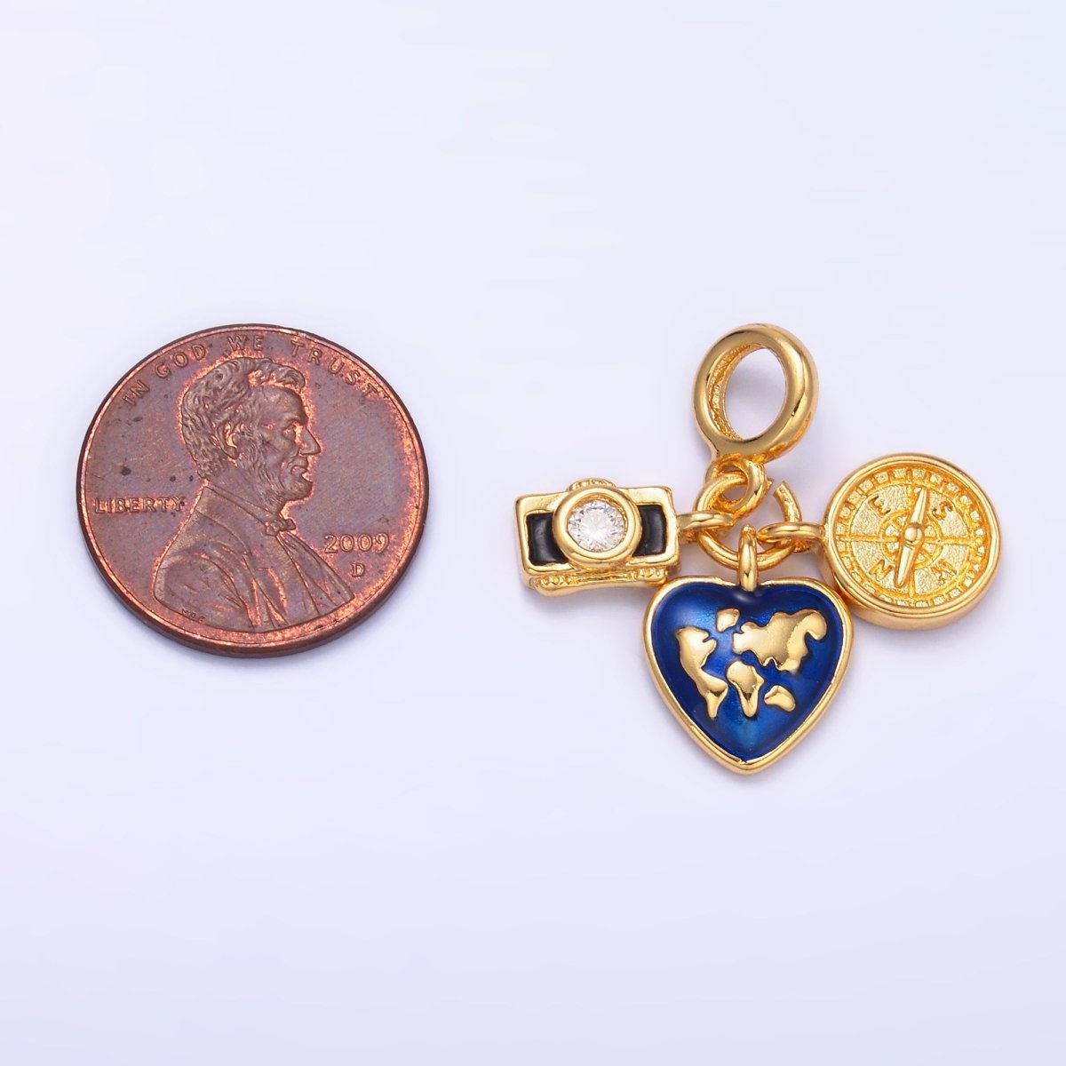 24K Gold-Filled Travel Compass World Camera Rondelle Drop Pendant