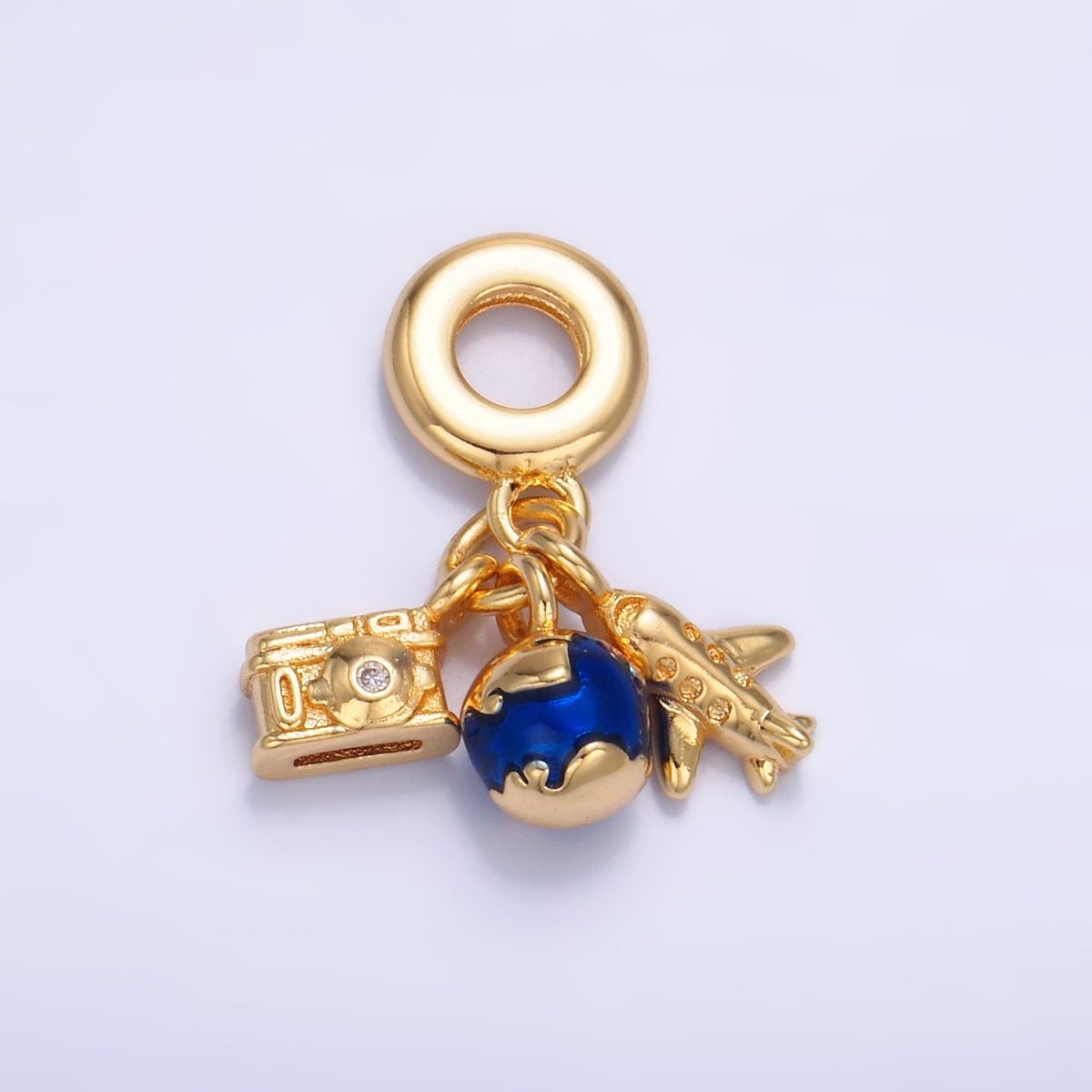24K Gold-Filled Travel Globe Plane CZ Camera Rondelle Drop Pendant