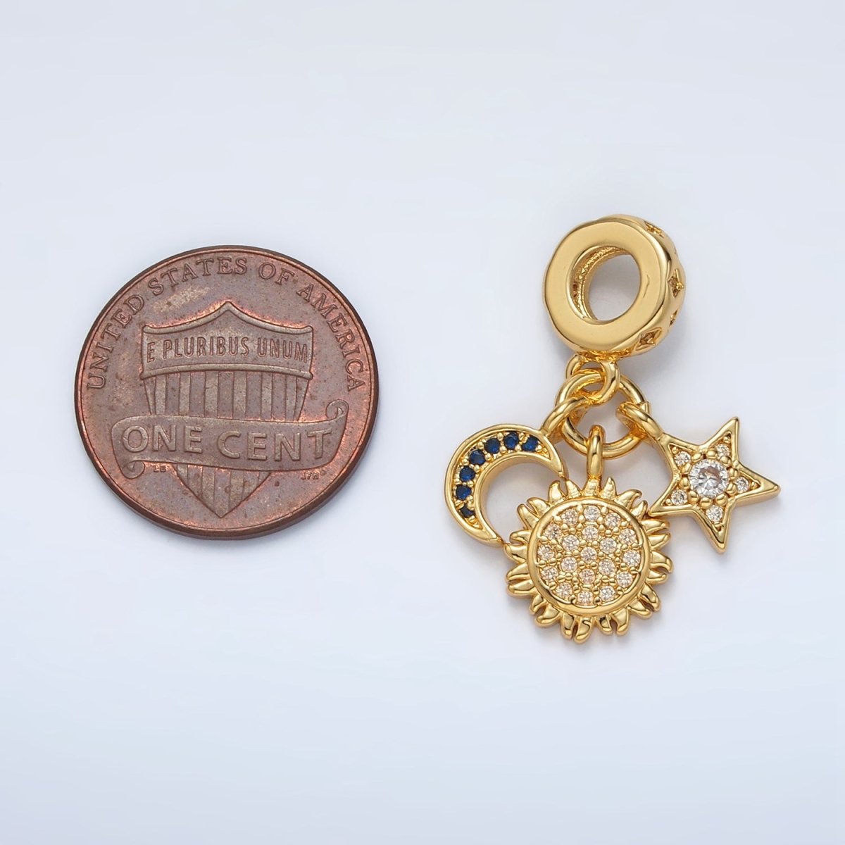 24K Gold-Filled Triple Celestial Sun Star Crescent Moon Micro Pave CZ Rondelle Bail Drop Pendant