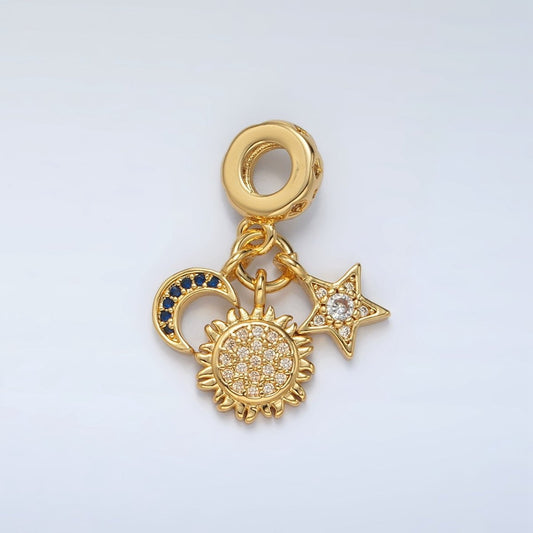 24K Gold-Filled Triple Celestial Sun Star Crescent Moon Micro Pave CZ Rondelle Bail Drop Pendant