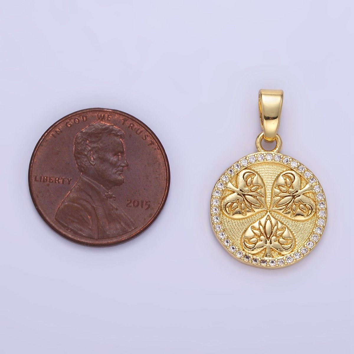 Beautiful 24K Gold-Filled 19mm Triple Leaves Textured Micro Pave CZ Round Pendant