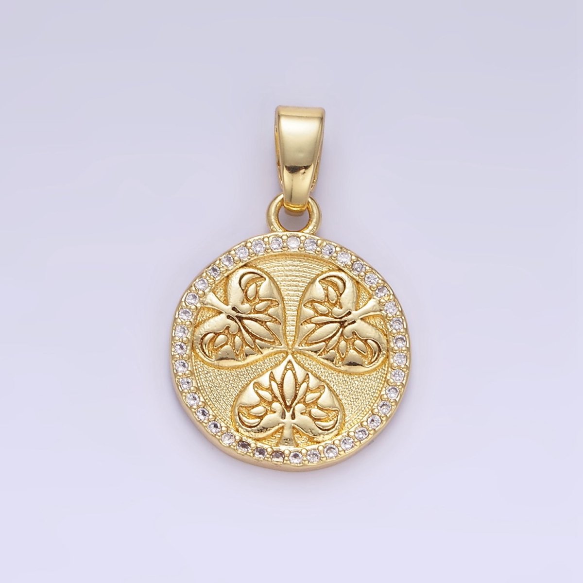 Beautiful 24K Gold-Filled 19mm Triple Leaves Textured Micro Pave CZ Round Pendant
