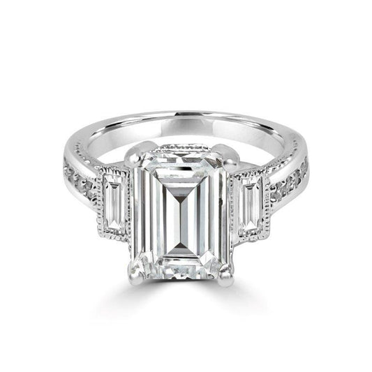 Sterling Silver 2.5CT Three Stone Emerald Cut Vintage Style Cubic Zirconia Engagement Ring